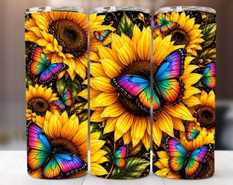 Sunflowers Butterfly PNG Wrap, Sublimation Tumbler Wrap 20oz Skinny Tumbler (Digital Download)