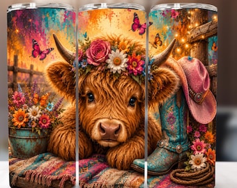 Highland Cow Neon Flowers Tumbler Wrap PNG, Floral 20oz Skinny Tumbler Design, Cute Cow Sublimation Western Cowgirl (Digital Download)