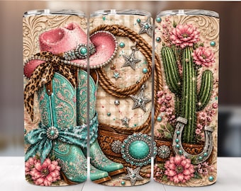 Western Cowgirl Bling Tumbler Wrap PNG , 20oz Skinny Tumbler Design, Cowgirl Boots Sublimation (Digital Download)