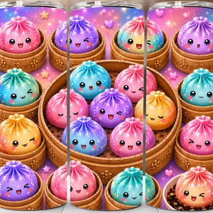 以下が含まれることがあります： キラキラした質感のカラフルで笑顔のパオズが、小さな木製の蒸し器に入って並んでいる円筒形のタンブラー。背景は星とハートが散りばめられた鮮やかな紫とピンクのグラデーションで、全体に繰り返しのパターンが施されています。