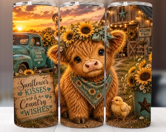 Highland Cow Country Sunflowers Tumbler Wrap PNG, Floral 20oz Skinny Tumbler Design, Cute Cow Sublimation Western Cowgirl (Digital Download)