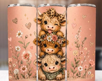 Highland Cow Tumbler Wrap PNG , Pink Floral Highland Cow 20oz Skinny Tumbler Design, Cute Cow Sublimation Western Cowgirl (Digital Download)