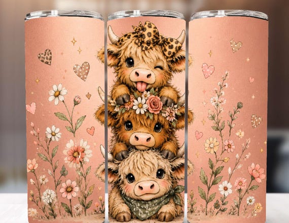 Highland Cow Tumbler Wrap PNG , Pink Floral Highland Cow 20oz Skinny Tumbler Design, Cute Cow Sublimation Western Cowgirl (Digital Download)
