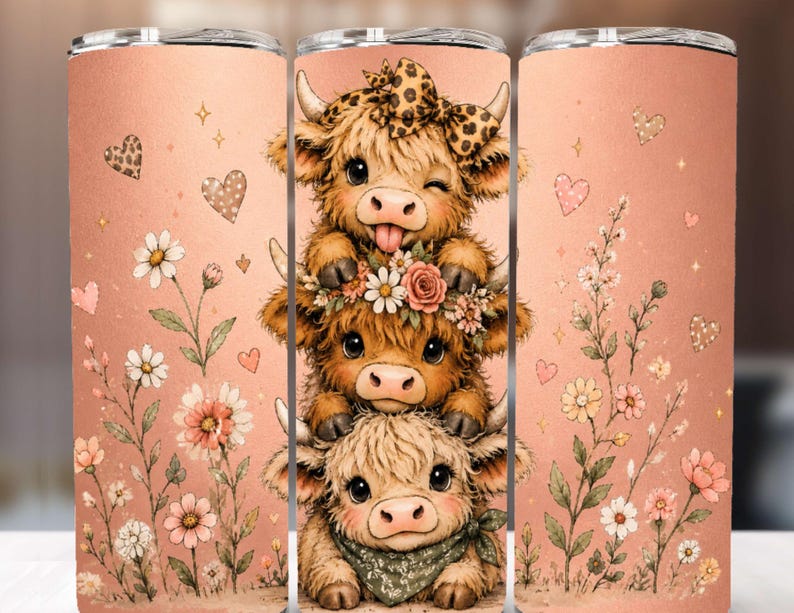 May include: A cylindrical tumbler featuring a peach-colored background with a vertical stack of three fluffy Highland cows. The top cow wears a leopard print bow, the middle cow has a floral crown, and the bottom cow wears a green bandana.