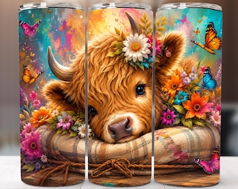Highland Cow Neon Flowers Tumbler Wrap PNG, Floral 20oz Skinny Tumbler Design, Cute Cow Sublimation Western Cowgirl (Digital Download)