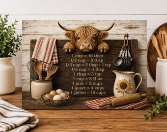 Highland Cow Cutting Board Design PNG Farmhouse Kitchen Conversion Chart 16x12 Sublimation Design Digital Download