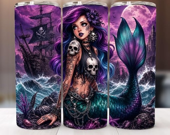 Skulls Mermaid Tumbler Wrap | 20oz Skinny Sublimation Design (Digital Download)