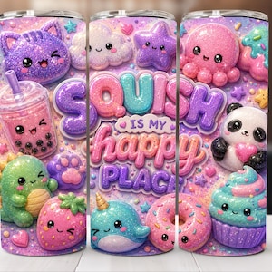 May include: A cylindrical tumbler featuring a glittery, colorful design with various cute characters including a cat, octopus, panda, narwhal, and dinosaur, alongside treats like a boba drink, strawberry, donut, and cupcake with the text SQUISH IS MY HAPPY PLACE.