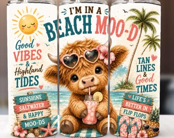 Beach Mood Highland Cow Tumbler Wrap PNG Sublimation Design (Digital Download)