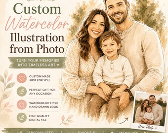 Custom Watercolor Illustration from Photo Personalized Family Portrait Digital Portrait Memorial Kids & Pet Portrait
