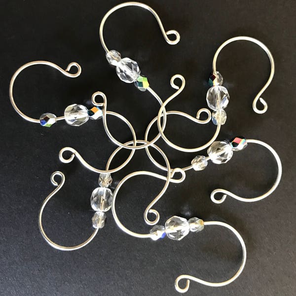 24 Silver Plated "S" Ornament Hooks with Clear Shimmering Glass Crystal Accent