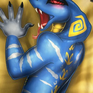 May include: A blue anthropomorphic snake-like creature with a wide open mouth, red tongue, and sharp teeth. The creature has yellow and white markings on its body and a gray hand with black claws. The background is a golden color.