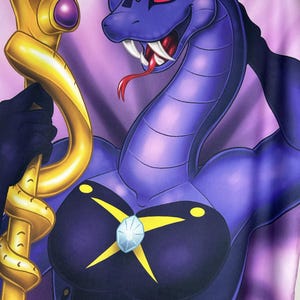 May include: A purple snake-like character with red eyes and a long red tongue, holding a gold staff with a purple gem. The character has a black top with a yellow starburst design and a gem in the center. The image is a close-up of the character.