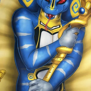 May include: A blue anthropomorphic cobra character with yellow and silver accents, holding a gold staff with a blue gem. The cobra has red eyes and a forked tongue. The background is a light yellow color.