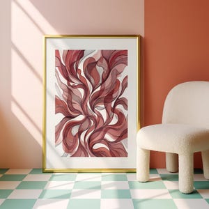 Könnte beinhalten: Ein rechteckiger Wandkunstdruck in einem dünnen goldenen Rahmen mit einem abstrakten Design aus fließenden, geschichteten Linien in den Farben Dunkelrot, Burgunderrot und zartem Rosa. Das Kunstwerk zeigt komplexe, organische Muster auf weißem Grund.