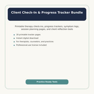 Moduli di registrazione del cliente, strumento di monitoraggio dei progressi terapeutici, fogli di lavoro per la consulenza, strumento di monitoraggio dei sintomi e dell'umore (PDF stampabile).