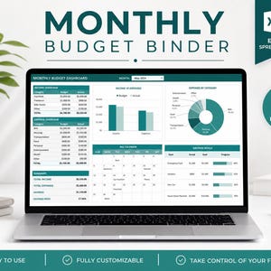 Op de afbeelding: Een laptopscherm met een Monthly Budget Binder Excel-spreadsheet met tabellen voor inkomsten en uitgaven, een staafdiagram, een cirkeldiagram en een factuurkalender in een blauwgroen en wit kleurenschema met financiële gegevens.