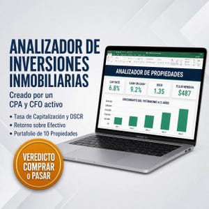 Puede incluir: Un portátil MacBook Pro plateado que muestra un análisis de inversión inmobiliaria. La pantalla muestra gráficos y datos, incluyendo "CAP RATE 6.8%" y "Cash-on-Cash 9.2%." El texto en la pantalla dice "ANALIZADOR DE PROPIEDADES." La imagen también incluye el texto "VEREDICTO COMPRAR O PASAR."