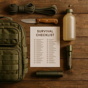 May include: An olive green tactical backpack, a coil of olive paracord, a fixed-blade knife with a wooden handle, a translucent water bottle, a flashlight, a cylindrical container, and a paper sheet titled SURVIVAL CHECKLIST with checkboxes.