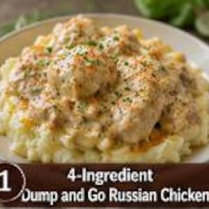 Peut inclure: Une assiette de morceaux de poulet crémeux servis sur un lit de purée de pommes de terre, garnie d'herbes vertes et d'un léger saupoudrage d'épices. Une étiquette rectangulaire marron affiche le texte 1 4-Ingredient Dump and Go Russian Chicken.