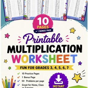 May include: A colorful printable multiplication worksheet for grades 3-7. The image features multiple worksheets, a pink circle with "10 pages + 1 bonus page", and a purple download button. A pencil holder with colored pencils is on the left.