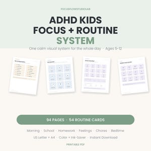 Może przedstawiać: Cyfrowy system skupienia i rutyny dla dzieci z ADHD zawierający 94 strony i 54 karty rutynowe. Plik PDF do druku zawiera listy kontrolne i wizualne ikony dotyczące poranka, szkoły, pracy domowej, uczuć oraz pory snu w formatach US Letter i A4.