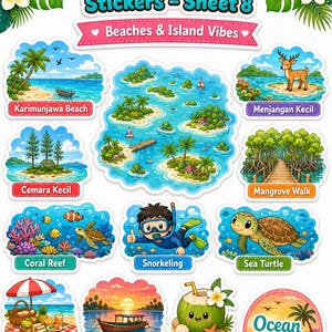 K&ouml;nnte beinhalten: Ein Bogen mit farbenfrohen Aufklebern zum Thema Tropen, mit Illustrationen von Str&auml;nden, Inseln und Meereslebewesen. Der Text enth&auml;lt "Cute Central Java Stickers - Sheet 8" und "Beaches & Island Vibes."