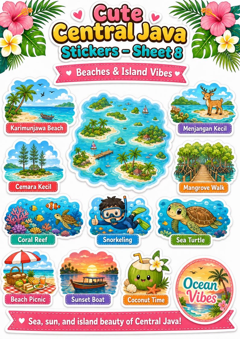 K&ouml;nnte beinhalten: Ein Bogen mit farbenfrohen Aufklebern zum Thema Tropen, mit Illustrationen von Str&auml;nden, Inseln und Meereslebewesen. Der Text enth&auml;lt "Cute Central Java Stickers - Sheet 8" und "Beaches & Island Vibes."