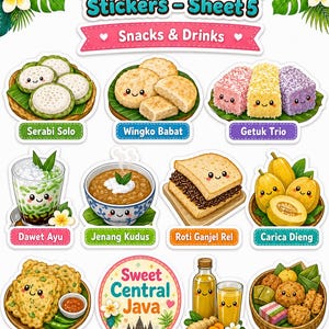 K&ouml;nnte beinhalten: Ein Stickerbogen mit Snacks und Getr&auml;nken aus Zentraljava. Die Aufkleber zeigen Serabi Solo, Wingko Babat, Getuk Trio, Dawet Ayu, Jenang Kudus, Roti Ganjel Rel, Tempe Mendoan, Carica Dieng, Jamu und Pasar Snacks. Der Text lautet "Cute Central Java Stickers - Sheet 5".