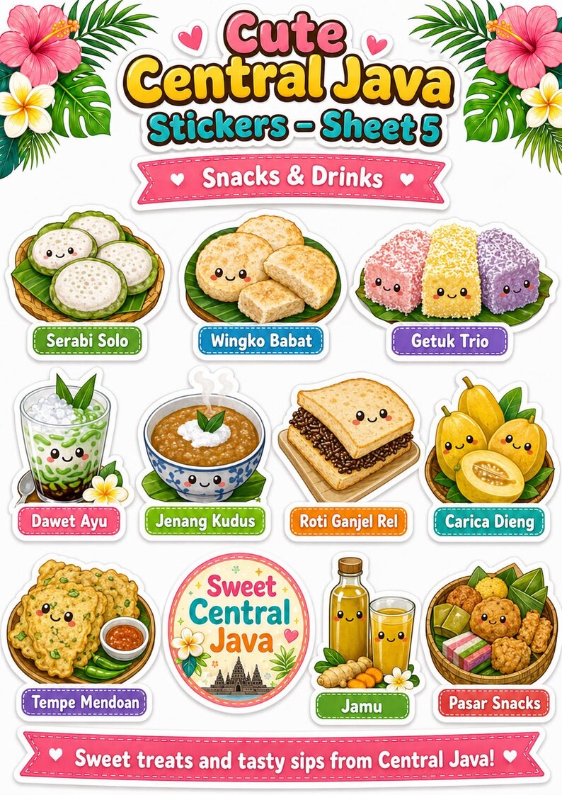 K&ouml;nnte beinhalten: Ein Stickerbogen mit Snacks und Getr&auml;nken aus Zentraljava. Die Aufkleber zeigen Serabi Solo, Wingko Babat, Getuk Trio, Dawet Ayu, Jenang Kudus, Roti Ganjel Rel, Tempe Mendoan, Carica Dieng, Jamu und Pasar Snacks. Der Text lautet "Cute Central Java Stickers - Sheet 5".