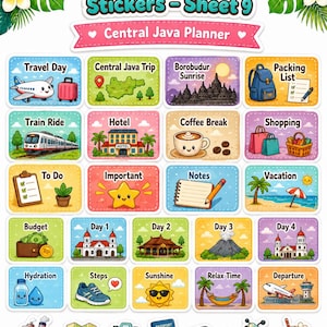 K&ouml;nnte beinhalten: Ein Bogen mit bunten Aufklebern mit dem Text "Cute Central Java Stickers - Sheet 9" und "Central Java Planner". Die Aufkleber zeigen Illustrationen von reisebezogenen Symbolen, darunter ein Flugzeug, ein Zug, ein Hotel und ein Reisepass.
