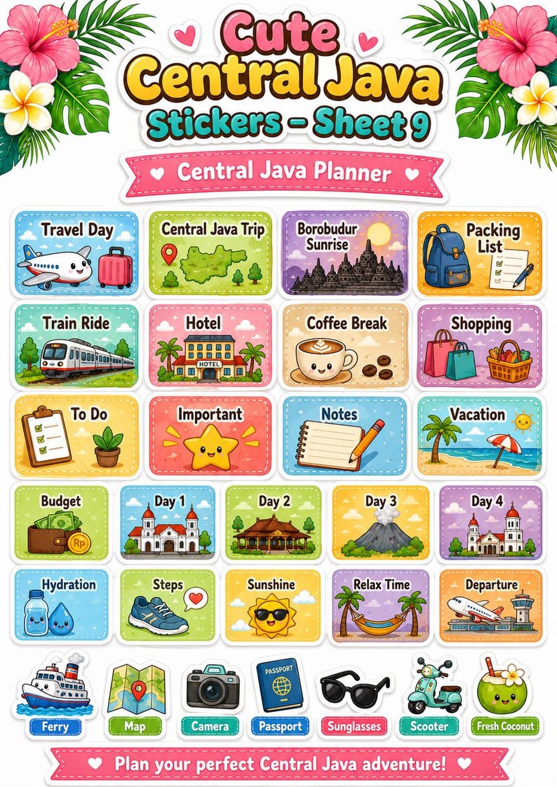 K&ouml;nnte beinhalten: Ein Bogen mit bunten Aufklebern mit dem Text "Cute Central Java Stickers - Sheet 9" und "Central Java Planner". Die Aufkleber zeigen Illustrationen von reisebezogenen Symbolen, darunter ein Flugzeug, ein Zug, ein Hotel und ein Reisepass.