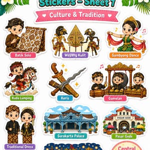 May include: A sheet of colorful stickers featuring Central Java culture and tradition. The stickers depict cultural elements such as Batik Solo, Wayang Kulit, Gambyong Dance, Kuda Lumping, Keris, Gamelan, Surakarta Palace, Pasar Gede, and Traditional Dress.