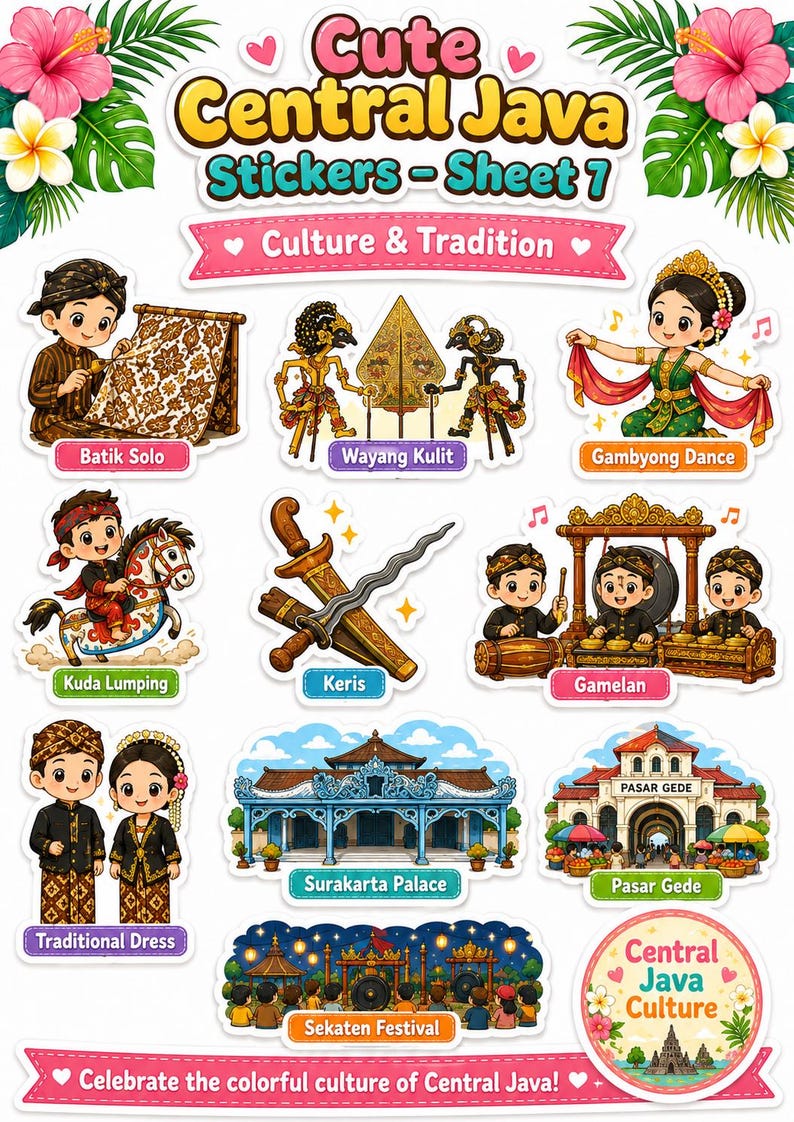K&ouml;nnte beinhalten: Ein Bogen mit farbenfrohen Aufklebern, die die Kultur und Traditionen von Zentraljava zeigen. Die Aufkleber zeigen kulturelle Elemente wie Batik Solo, Wayang Kulit, Gambyong Dance, Kuda Lumping, Keris, Gamelan, Surakarta Palace, Pasar Gede und Traditional Dress.