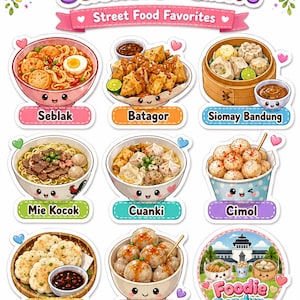 Peut inclure: Planche d'autocollants colorés avec des illustrations de plats de cuisine de rue indonésiens, dont Seblak, Batagor, Siomay Bandung, Mie Kocok, Cuanki, Cimol, Cireng et Cilok. Les autocollants portent les mentions "Cute Bandung Stickers - Sheet 5" et "Street Food Favorites".