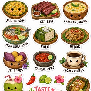 Peut inclure: Planche d'autocollants Flores Food Favorites avec des illustrations de plats indonésiens comme Jagung Bose, Se'i Beef et Flores Coffee. Les autocollants colorés comportent des étiquettes.