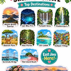 May include: A sheet of colorful stickers featuring East Java destinations. Designs include Mount Bromo Sunrise, Ijen Blue Fire, Tumpak Sewu waterfall, Baluran Park, Alas Purwo, Gili Labak, Jodipan Village, Suramadu Bridge, Red Island Beach, and a Sunrise Jeep Trip.