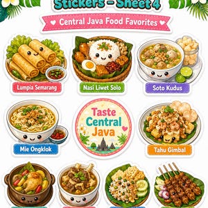 K&ouml;nnte beinhalten: Ein Stickerbogen mit zentraljavanesischen Speisen. Die Aufkleber zeigen Gerichte wie Lumpia Semarang, Nasi Liwet Solo, Soto Kudus, Mie Ongklok, Tahu Gimbal, Garang Asem, Tengkleng, Nasi Megono und Sate Ambal. Der Text lautet 'Central Java Food Favorites'.
