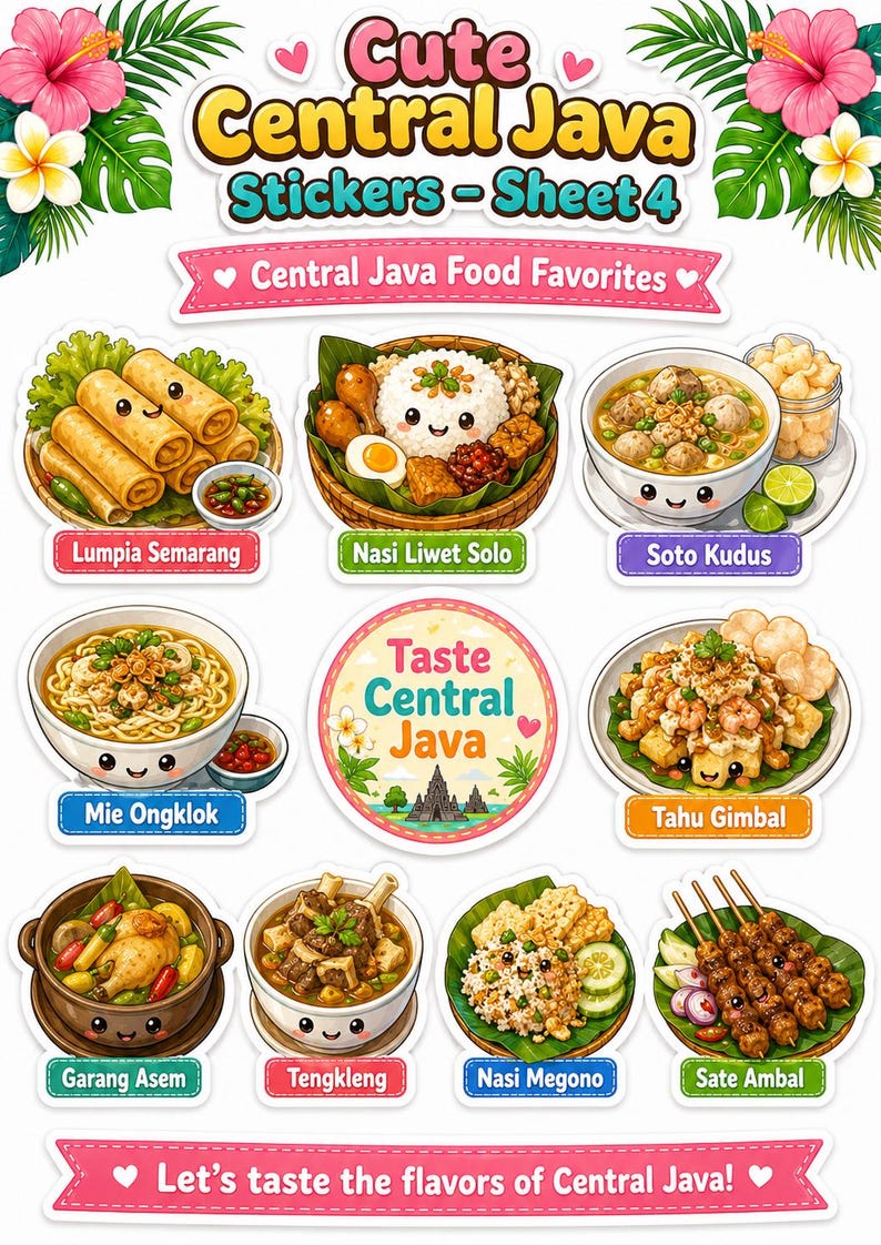 K&ouml;nnte beinhalten: Ein Stickerbogen mit zentraljavanesischen Speisen. Die Aufkleber zeigen Gerichte wie Lumpia Semarang, Nasi Liwet Solo, Soto Kudus, Mie Ongklok, Tahu Gimbal, Garang Asem, Tengkleng, Nasi Megono und Sate Ambal. Der Text lautet 'Central Java Food Favorites'.