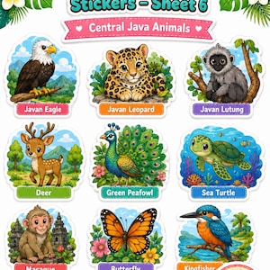 K&ouml;nnte beinhalten: Ein Bogen mit farbenfrohen Aufklebern mit Tieren aus Zentraljava. Enth&auml;lt einen Java-Adler, Leoparden, Lutung, Hirsch, Pfau, Meeresschildkr&ouml;te, Makaken, Schmetterling und Eisvogel. Text: "Cute Central Java Stickers - Sheet 6".