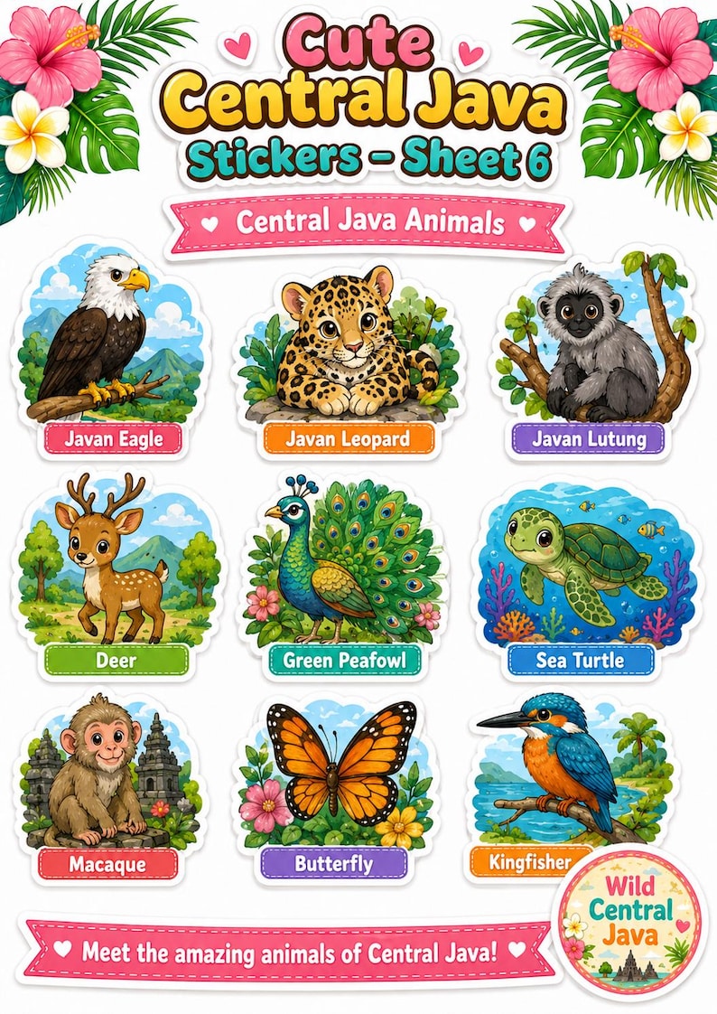 K&ouml;nnte beinhalten: Ein Bogen mit farbenfrohen Aufklebern mit Tieren aus Zentraljava. Enth&auml;lt einen Java-Adler, Leoparden, Lutung, Hirsch, Pfau, Meeresschildkr&ouml;te, Makaken, Schmetterling und Eisvogel. Text: "Cute Central Java Stickers - Sheet 6".