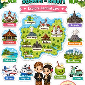 K&ouml;nnte beinhalten: Ein Bogen mit bunten Aufklebern mit Sehensw&uuml;rdigkeiten und Attraktionen von Zentraljava. Enth&auml;lt Illustrationen von Tempeln, Bergen, einer Karte und lokalen Figuren. Der Text enth&auml;lt "Cute Central Java Stickers - Sheet 1" und "Explore Central Java."