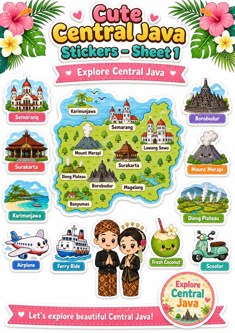 K&ouml;nnte beinhalten: Ein Bogen mit bunten Aufklebern mit Sehensw&uuml;rdigkeiten und Attraktionen von Zentraljava. Enth&auml;lt Illustrationen von Tempeln, Bergen, einer Karte und lokalen Figuren. Der Text enth&auml;lt "Cute Central Java Stickers - Sheet 1" und "Explore Central Java."