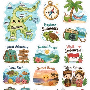 Puede incluir: Una hoja de pegatinas coloridas de estilo caricatura con temática de Sulawesi. Los diseños incluyen un mapa, una brújula, una tortuga, una cámara, una mochila, escenas de playa, la bandera indonesia y figuras tradicionales.