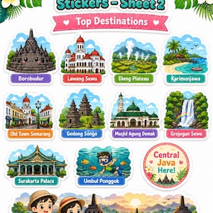 K&ouml;nnte beinhalten: Ein Bogen mit bunten Aufklebern mit Zielen in Zentraljava. Die Aufkleber enthalten Illustrationen von Borobudur, Lawang Sewu, Dieng Plateau, Karimunjawa, Old Town Semarang und mehr. Der Text enth&auml;lt "Cute Central Java Stickers - Sheet 2".