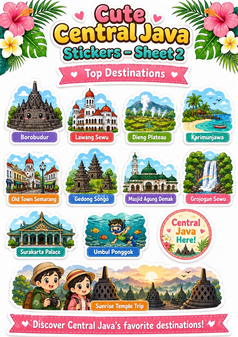 K&ouml;nnte beinhalten: Ein Bogen mit bunten Aufklebern mit Zielen in Zentraljava. Die Aufkleber enthalten Illustrationen von Borobudur, Lawang Sewu, Dieng Plateau, Karimunjawa, Old Town Semarang und mehr. Der Text enth&auml;lt "Cute Central Java Stickers - Sheet 2".