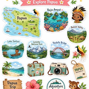 Papua Java Printable Stickers Bundle, Cute Indonesia Travel Stickers, Kawaii Planner Stickers, Digital Download