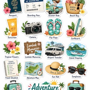 Peut inclure: Une planche d'autocollants colorés sur le thème du voyage, avec des images de passeport, carte d'embarquement, scooter, sac de plage, crème solaire, appareil photo, tongs, planche de surf, fleurs tropicales, carte et bagages. Texte : "Cute Lombok Stickers".
