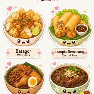 K&ouml;nnte beinhalten: Ein Stickerbogen mit traditionellen indonesischen Speisen, Blatt 4, mit Batagor aus Westjava, Lumpia Semarang aus Zentraljava, Gudeg aus Yogyakarta und Rawon aus Ostjava. Jedes Gericht ist im Cartoon-Stil dargestellt.