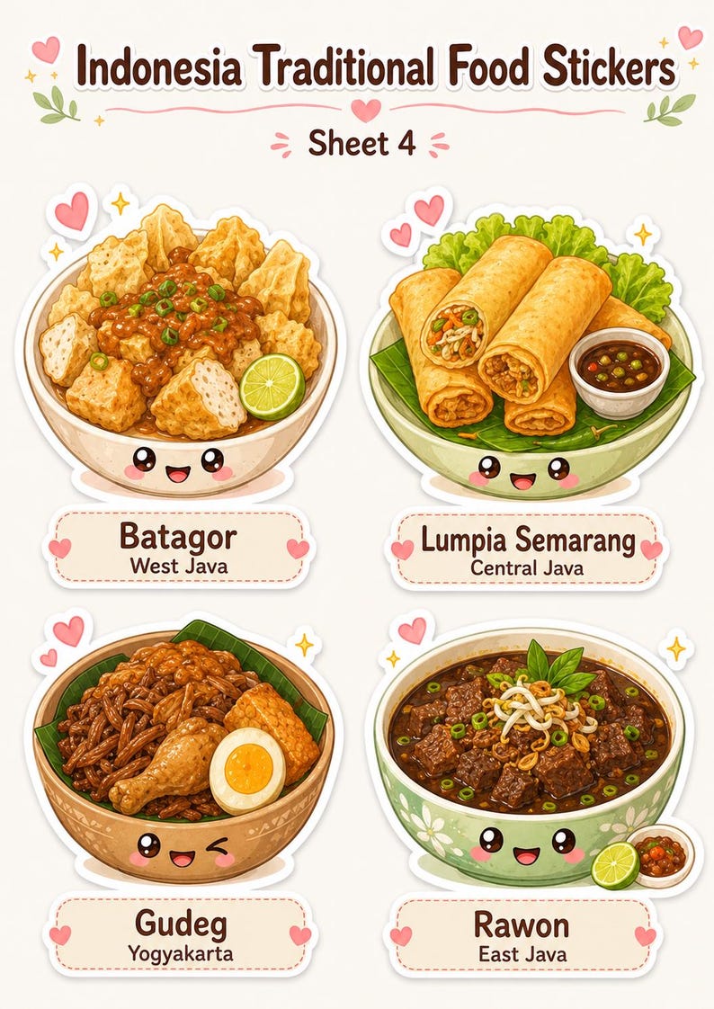 K&ouml;nnte beinhalten: Ein Stickerbogen mit traditionellen indonesischen Speisen, Blatt 4, mit Batagor aus Westjava, Lumpia Semarang aus Zentraljava, Gudeg aus Yogyakarta und Rawon aus Ostjava. Jedes Gericht ist im Cartoon-Stil dargestellt.